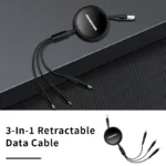 Sleek 3-in-1 retractable data cable with USB-C, Micro USB, and Lightning connectors for professionals.