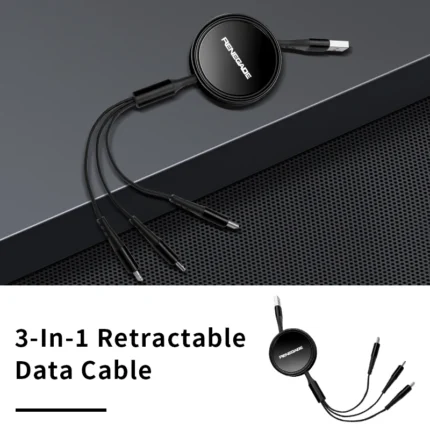 Sleek 3-in-1 retractable data cable with USB-C, Micro USB, and Lightning connectors for professionals.