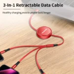 Stylish 3-in-1 retractable data cable, perfect for corporate gifts and modern workspaces.
