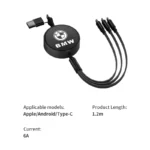 Luxury BMW multi-port charging cable for Apple, Android, and USB Type-C devices.