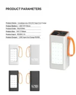 Sleek camping lamp with 120W output and 12,007 mAh battery for outdoor adventures.