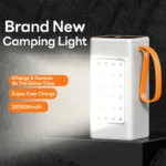 Sleek LED camping light and power bank with 200,000mAh, charging five devices simultaneously.