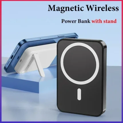 Sleek magnetic wireless power bank with stand, ideal for modern tech gifts and corporate branding.