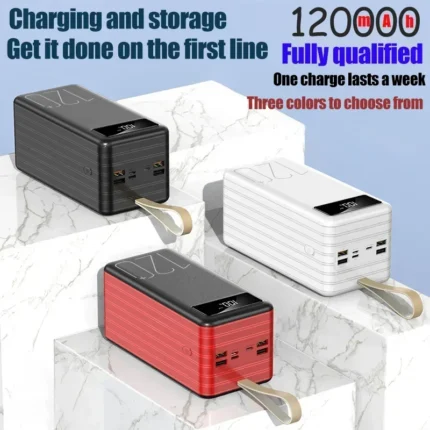 Stylish power bank in three colors, 120,000mAh capacity, perfect for corporate gifting.