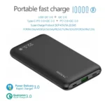 Stylish 10,000mAh power bank with fast charging, LED indicator, and multiple USB ports.
