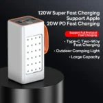 200,000mAh power bank with fast charging, USB-C ports, and built-in LED light for outdoor use.