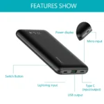 Stylish 10,000mAh power bank with multiple ports, perfect for corporate gifts and travel charging.