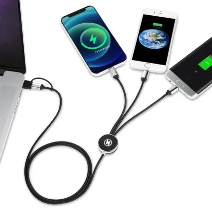 Sleek multi-device charging hub efficiently powers three smartphones, perfect for corporate gifts.